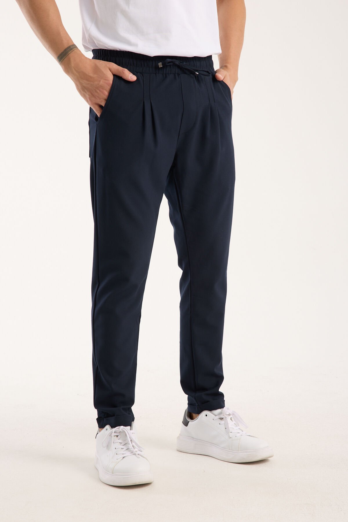 Erkek Jogger Pileli Bel Lastikli Bağcıklı Likralı Lacivert Pantolon