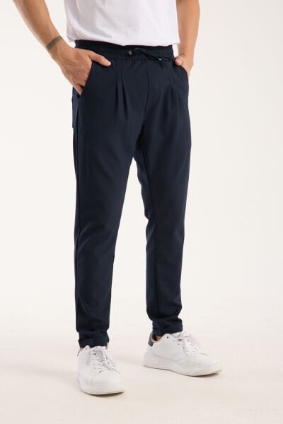 Erkek Jogger Pileli Bel Lastikli Bağcıklı Likralı Lacivert Pantolon