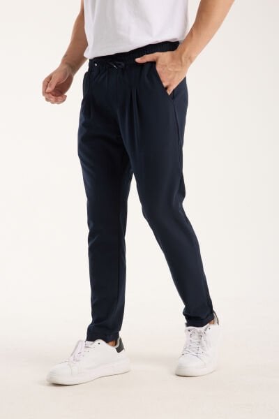 Erkek Jogger Pileli Bel Lastikli Bağcıklı Likralı Lacivert Pantolon