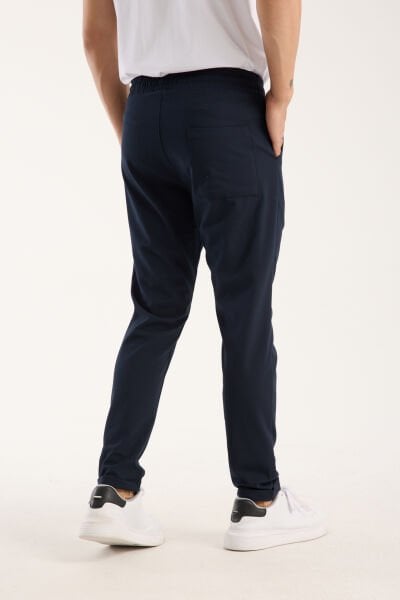 Erkek Jogger Pileli Bel Lastikli Bağcıklı Likralı Lacivert Pantolon