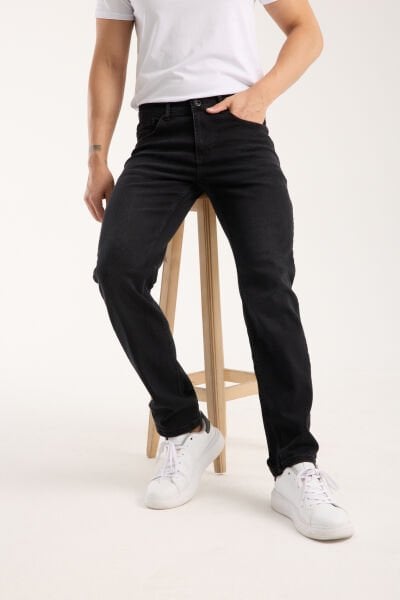 Erkek Kot Pantolon Siyah Regular Fit Fermuarlı Jeans