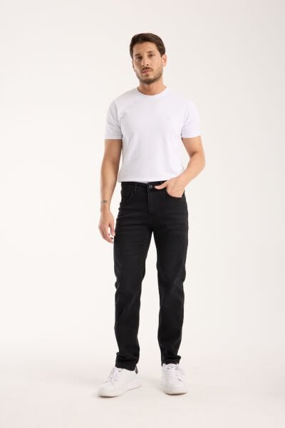 Erkek Kot Pantolon Siyah Regular Fit Fermuarlı Jeans