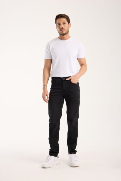 Erkek Kot Pantolon Siyah Regular Fit Fermuarlı Jeans