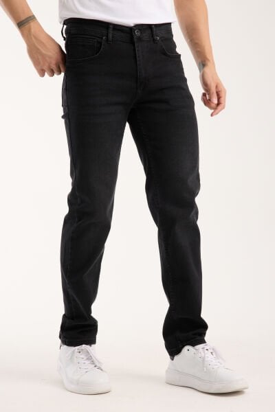 Erkek Kot Pantolon Siyah Regular Fit Fermuarlı Jeans