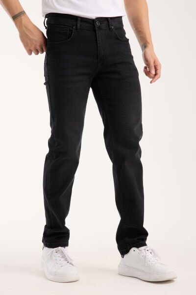 Erkek Kot Pantolon Siyah Regular Fit Fermuarlı Jeans