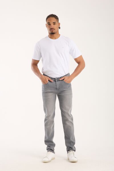 Erkek Pantolon Açık Gri Regular Fit Fermuarlı Jeans
