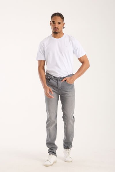 Erkek Pantolon Açık Gri Regular Fit Fermuarlı Jeans