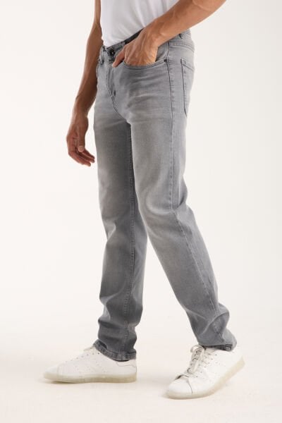 Erkek Pantolon Açık Gri Regular Fit Fermuarlı Jeans