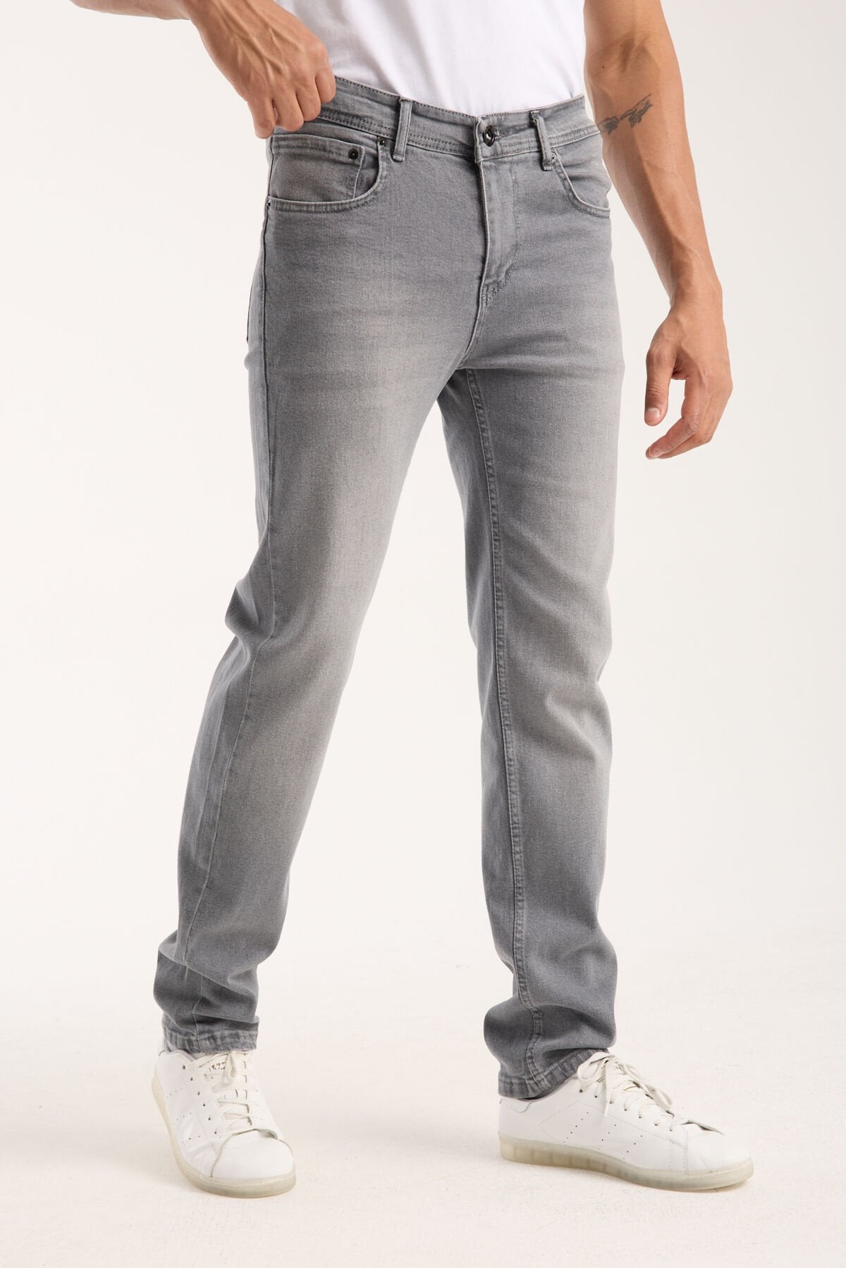 Erkek Pantolon Açık Gri Regular Fit Fermuarlı Jeans
