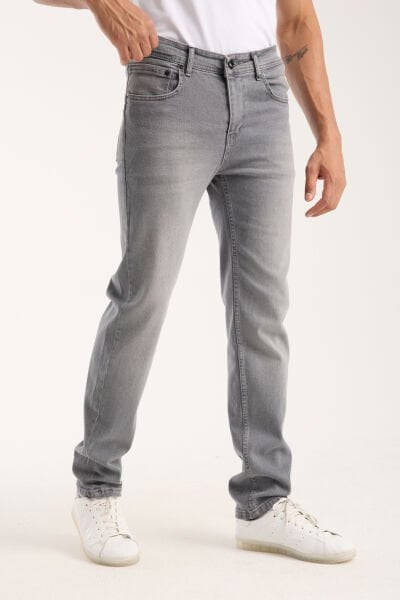 Erkek Pantolon Açık Gri Regular Fit Fermuarlı Jeans