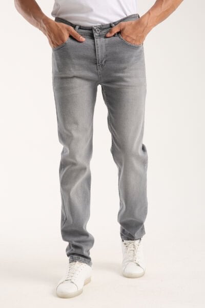 Erkek Pantolon Açık Gri Regular Fit Fermuarlı Jeans
