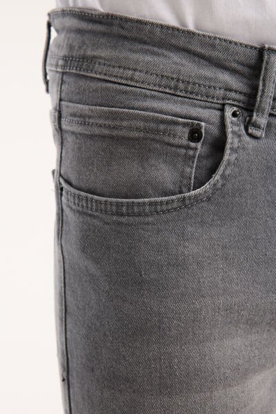 Erkek Pantolon Gri Regular Fit Fermuarlı Jeans