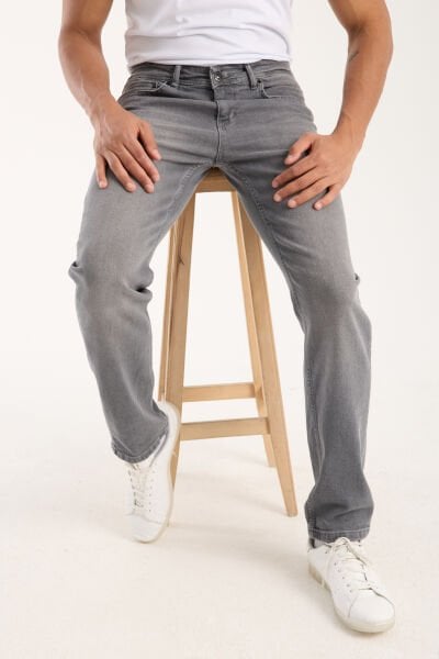 Erkek Pantolon Gri Regular Fit Fermuarlı Jeans