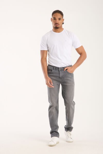 Erkek Pantolon Gri Regular Fit Fermuarlı Jeans