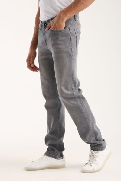 Erkek Pantolon Gri Regular Fit Fermuarlı Jeans