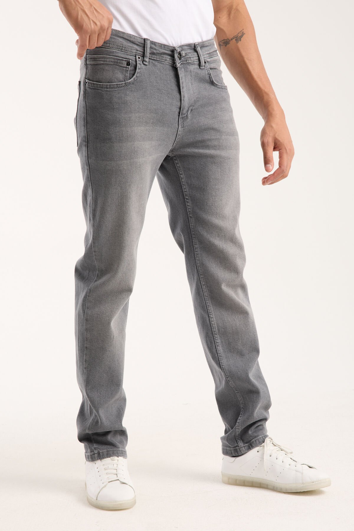 Erkek Pantolon Gri Regular Fit Fermuarlı Jeans