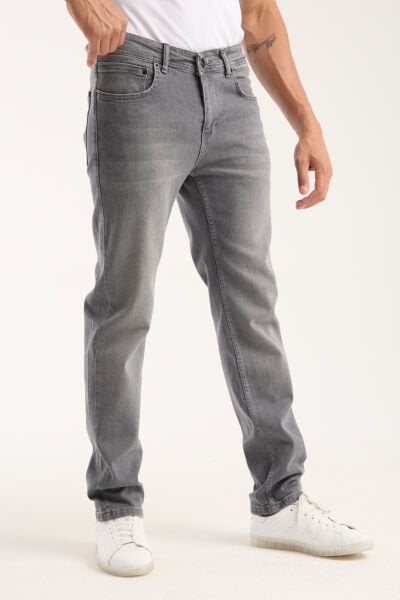Erkek Pantolon Gri Regular Fit Fermuarlı Jeans