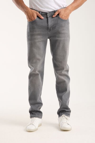 Erkek Pantolon Gri Regular Fit Fermuarlı Jeans