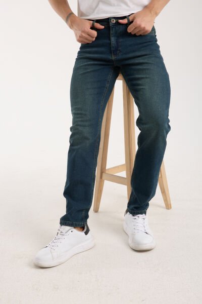 Erkek Pantolon Regular Fit Yeşil Tint Fermuarlı Rahat Giyim Jeans