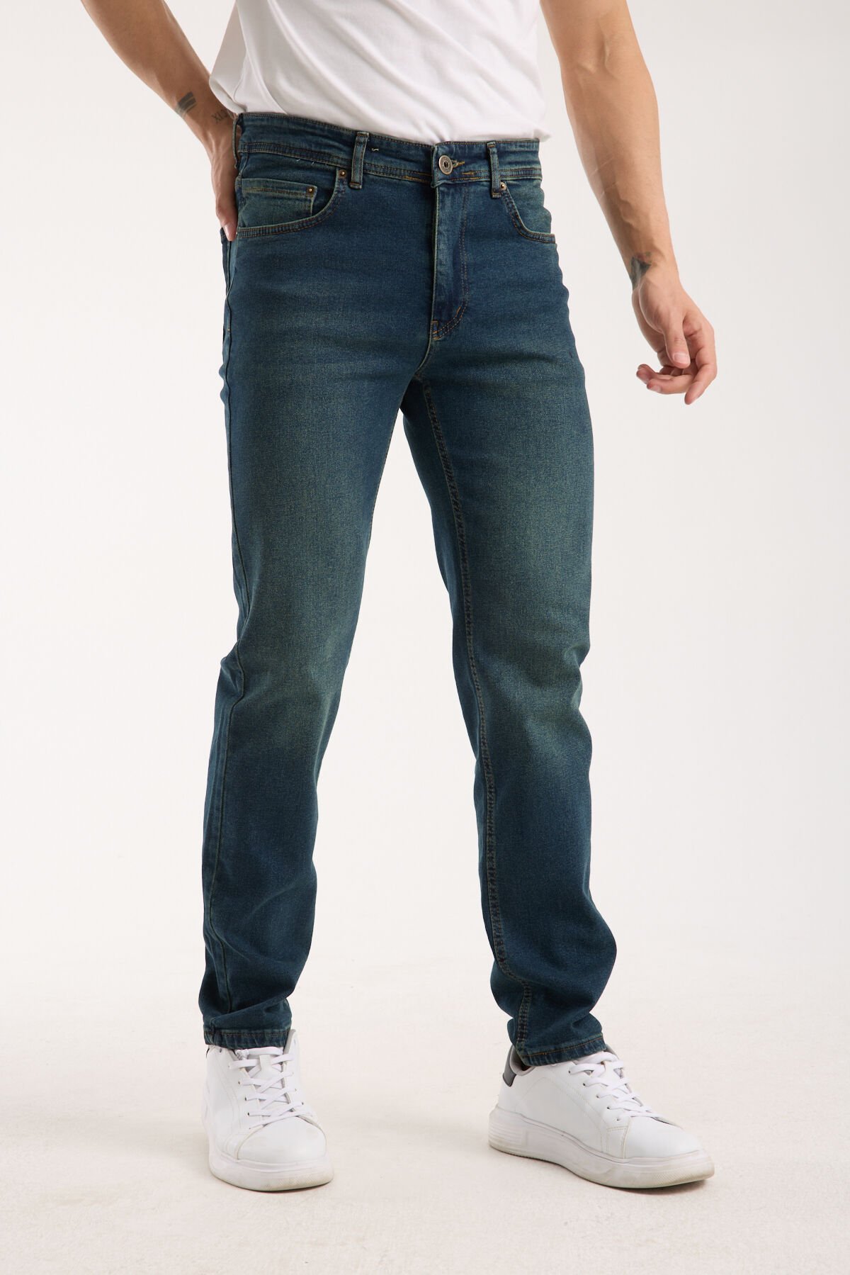 Erkek Pantolon Regular Fit Yeşil Tint Fermuarlı Rahat Giyim Jeans