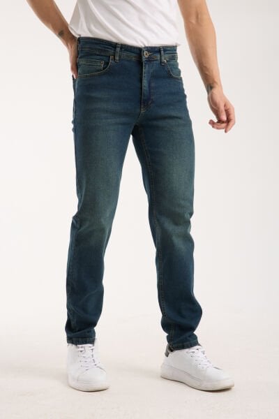 Erkek Pantolon Regular Fit Yeşil Tint Fermuarlı Rahat Giyim Jeans