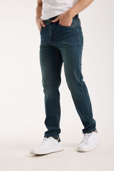 Erkek Pantolon Regular Fit Yeşil Tint Fermuarlı Rahat Giyim Jeans