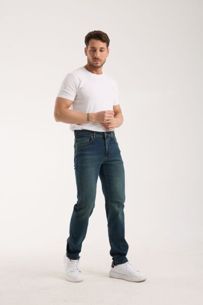 Erkek Pantolon Regular Fit Yeşil Tint Fermuarlı Rahat Giyim Jeans