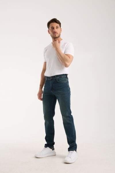 Erkek Pantolon Regular Fit Yeşil Tint Fermuarlı Rahat Giyim Jeans