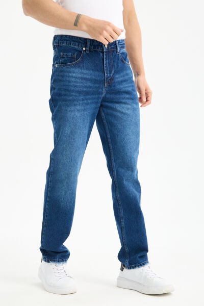 Erkek Lycrasız Mavi Baggy Kot Fermuarlı Dekploy Jeans