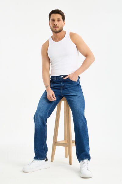 Erkek Lycrasız Mavi Baggy Kot Fermuarlı Dekploy Jeans