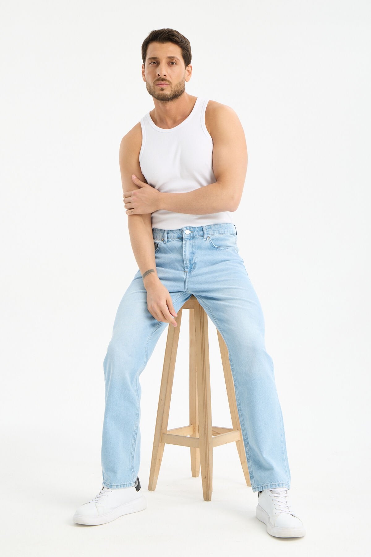 Erkek Lycrasız Buz Mavi Baggy Kot Fermuarlı Dekploy Jeans