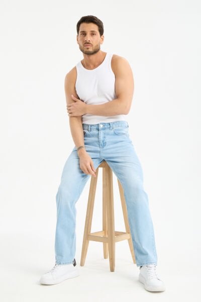 Erkek Lycrasız Buz Mavi Baggy Kot Fermuarlı Dekploy Jeans