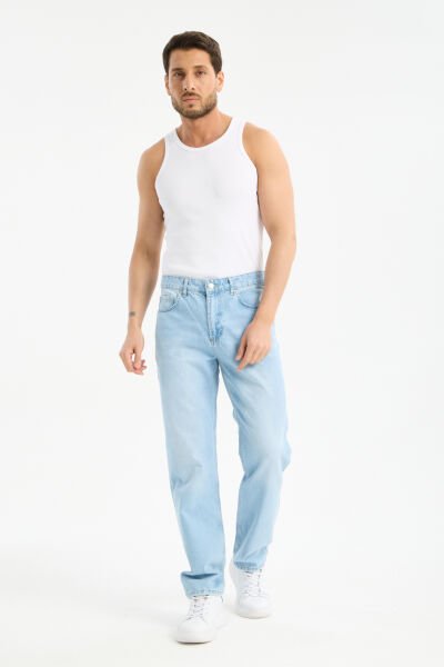 Erkek Lycrasız Buz Mavi Baggy Kot Fermuarlı Dekploy Jeans