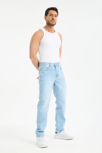 Erkek Lycrasız Buz Mavi Baggy Kot Fermuarlı Dekploy Jeans