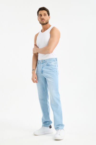 Erkek Lycrasız Buz Mavi Baggy Kot Fermuarlı Dekploy Jeans