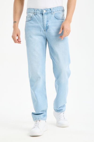 Erkek Lycrasız Buz Mavi Baggy Kot Fermuarlı Dekploy Jeans