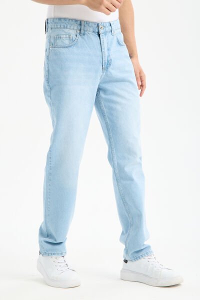 Erkek Lycrasız Buz Mavi Baggy Kot Fermuarlı Dekploy Jeans